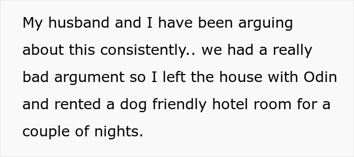 Text about spouses arguing over adopted dog's behavior; wife rents a dog-friendly hotel room.