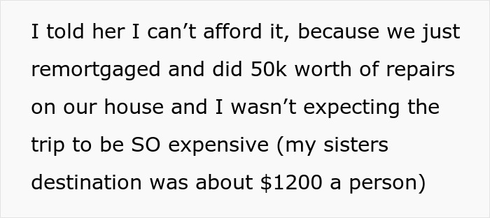 Text excerpt about woman choosing affordable getaway with husband over expensive wedding invitation conversation.