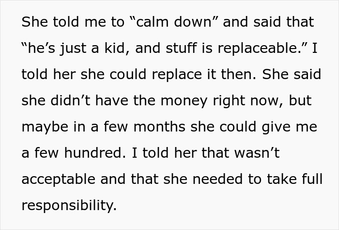 Text image discussing family drama and $2,000 damages, highlighting disagreement on responsibility and replacement.