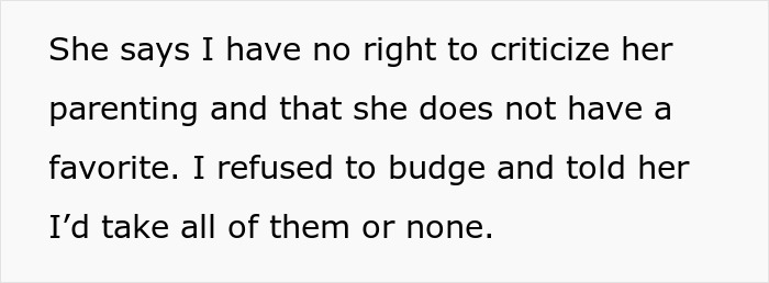 Text message exchange about parenting criticism and favoritism.