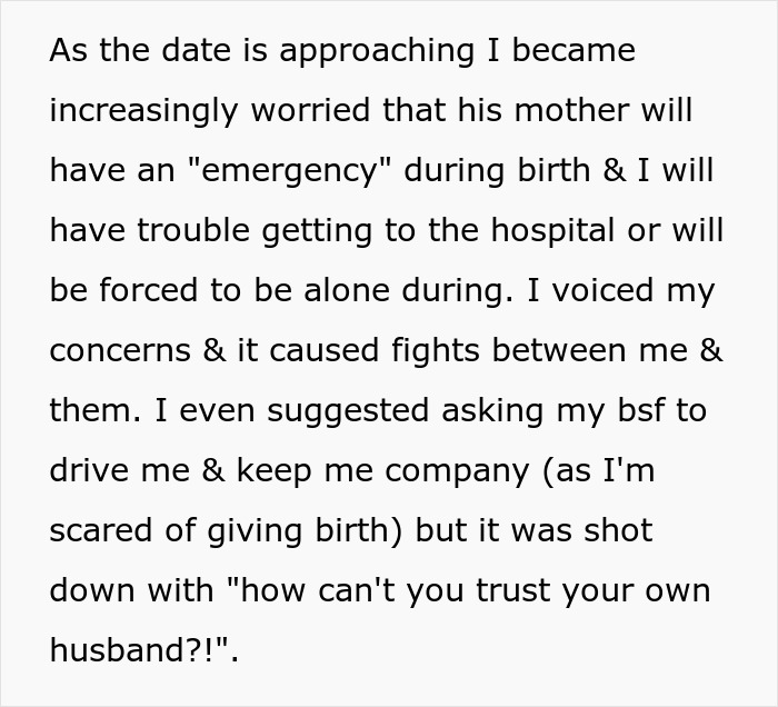 Mom-to-be worried husband may prioritize mother over her during labor, causing conflict over birth plans.