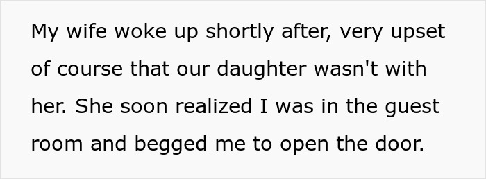 Text about a newborn, guest room, and a wife waking up upset.