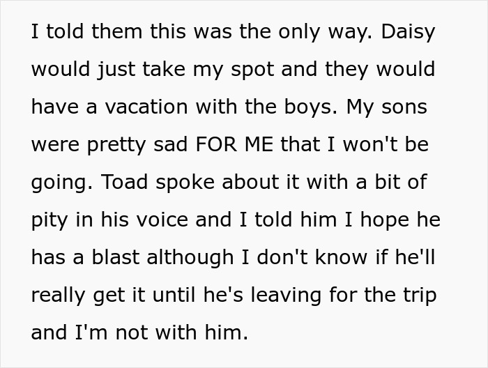 Text about MIL stealing vacation spot, person explains why they're happy despite not going on the trip.