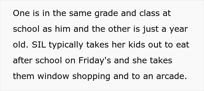 Text describing family activities like dining out and shopping, mentioning SIL and her kids.