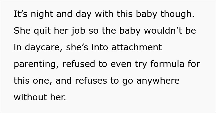 Text discussing attachment parenting, daycare avoidance, and formula refusal for a baby.