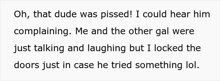 Text recounting petty revenge on arrogant driver, with laughter and precautions taken in case of confrontation.