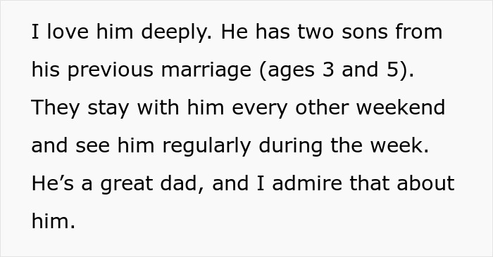 Text discussing a man's dedication to his children and admiration from a partner who can't have kids.