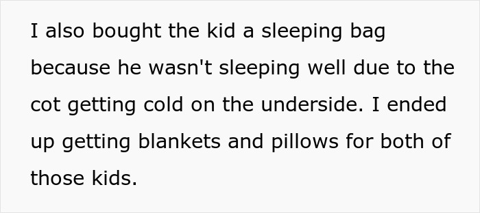 Text about helping kids with a sleeping bag and blankets for better comfort.