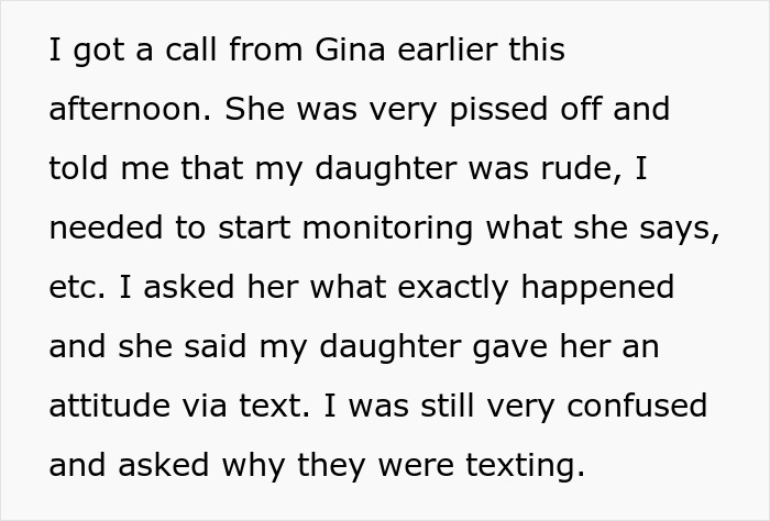 Text message recounting a conversation about a teen being rude to a friend's mom, leading to parental conflict. Text message recounting a conversation about a teen being rude to a friend's mom, leading to parental conflict.