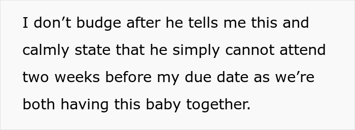 Text discussing expectant mom wanting husband to miss sister's wedding near her due date.