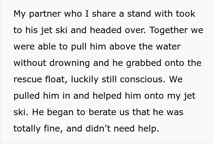 Text describing a boomer nearly drowning and then berating the lifeguard who saved him for hurting his fragile male ego.