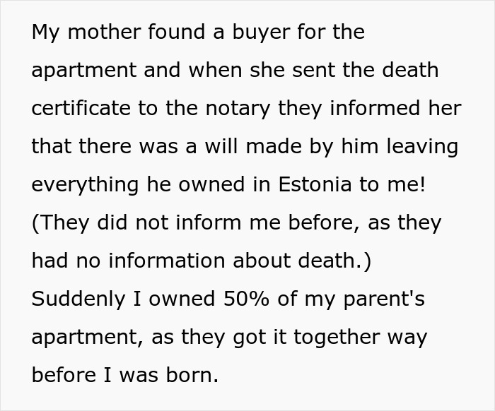 Inheritance news about owning 50% of my parent's apartment in Estonia after discovering a will.