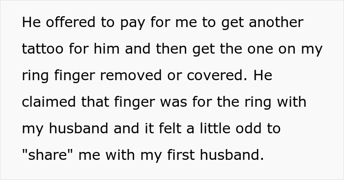 Text about a future wife keeping a tattoo from her late husband, causing distress to her current partner.