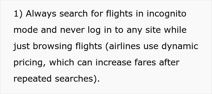 Text advice on affordable flights: Use incognito mode to avoid dynamic pricing when searching for flights.
