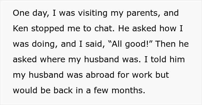 Text from a story about karma between neighbors discussing travel plans. Text from a story about karma between neighbors discussing travel plans.