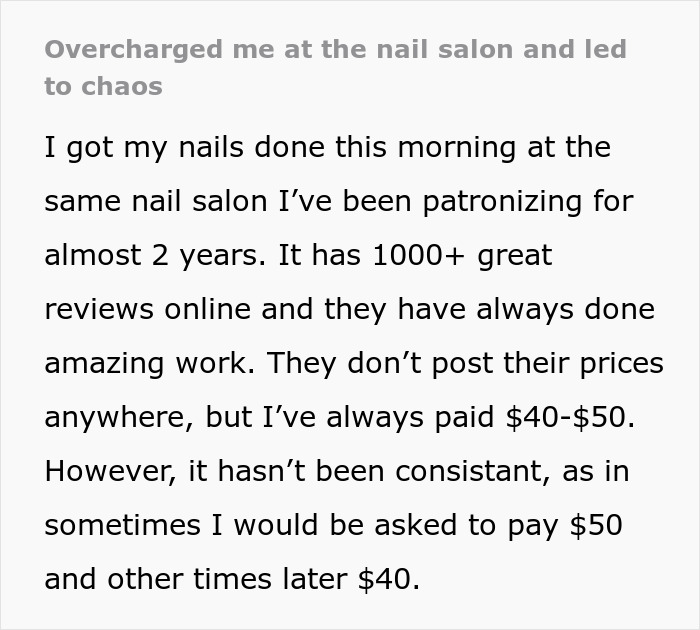Customer at nail salon discusses price issues, causing chaos; overcharged complaint leads to disruption.