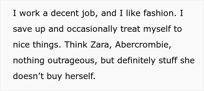 Text about enjoying fashion, buying clothes from Zara and Abercrombie, and treating oneself to nice things.