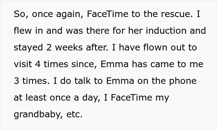 Text discussing Facetime calls and visits between a woman and her daughter with a kid.