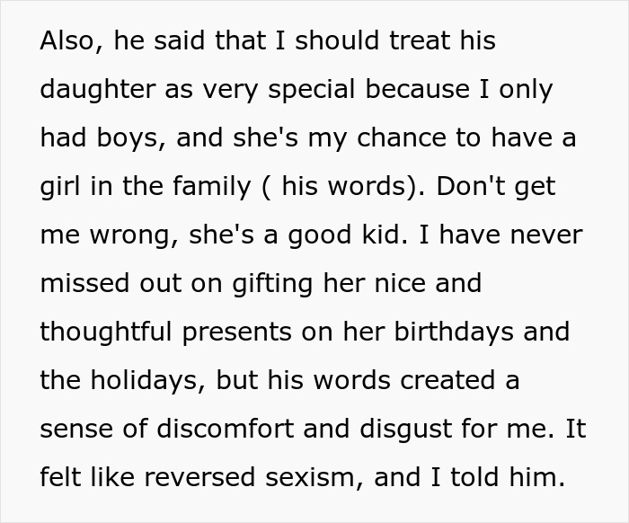 Text about a woman's discomfort over her boyfriend's request about his daughter, highlighting reversed sexism concerns.