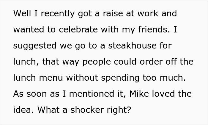 Text about a celebration at a steakhouse with friends after a work raise, mentioning Mike's enthusiastic agreement.