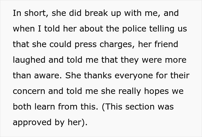 Text message mentioning breakup, police advice, potential charges, and gratitude for concern.