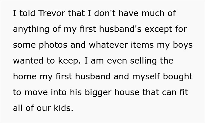 Text about a woman's decisions regarding late husband's memories and a new home with Trevor.