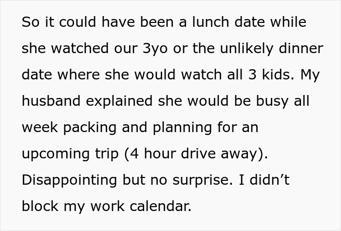 Text detailing a planned anniversary date conflict involving a husband, his mom, and a trip.