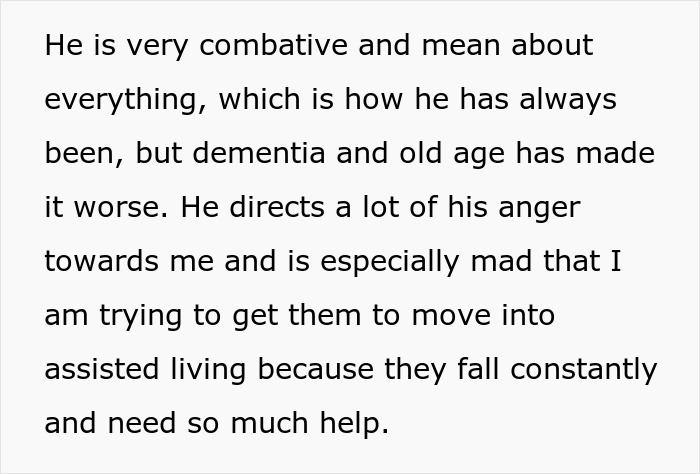 Text describing a father's anger and resistance towards assisted living suggestions due to dementia.