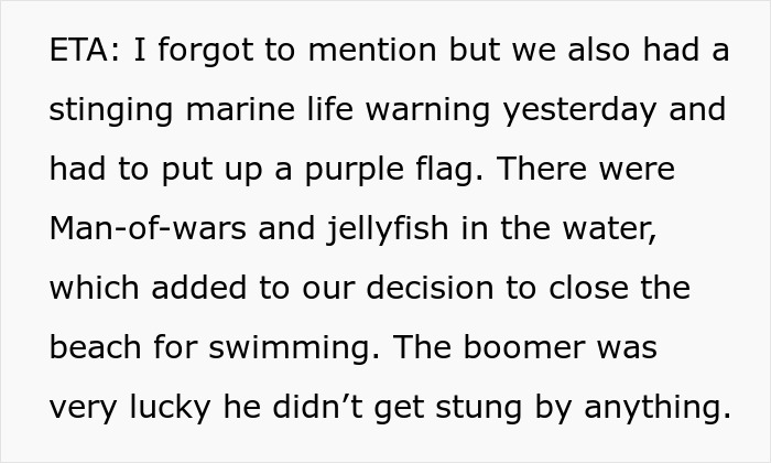 Text about marine life warnings and a boomer lucky to avoid stings, related to boomer nearly drowning and fragile male ego.