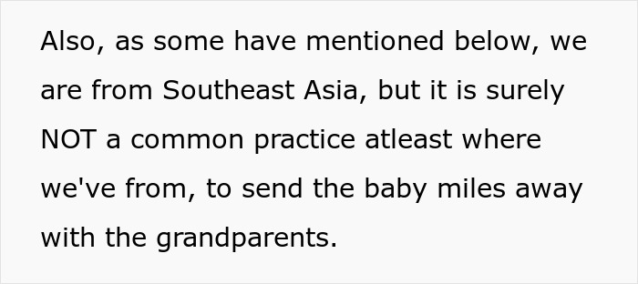 Text discussing cultural norms about sending a baby away with grandparents, highlighting Southeast Asian practices.