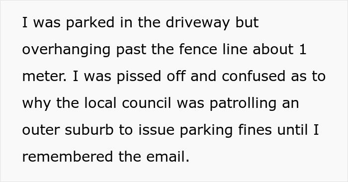 Text excerpt about a neighbor dispute and parking fines related to overhanging a driveway. Text excerpt about a neighbor dispute and parking fines related to overhanging a driveway.
