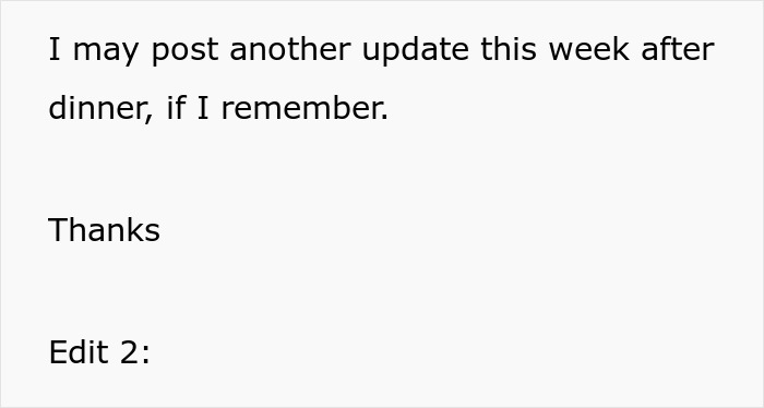 Text reading an update may be posted this week after dinner, with thanks given.