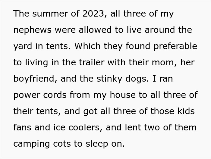 Three kids living in tents with support, preferring it to staying with their mom and dogs in the trailer.