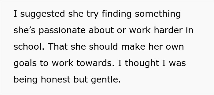 Text image of a mom suggesting daughter find passion or work harder in school, as an honest but gentle truth.