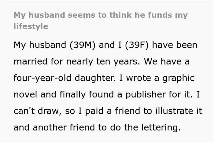Text detailing a wife's disbelief over her husband claiming to be a silent investor in her graphic novel.