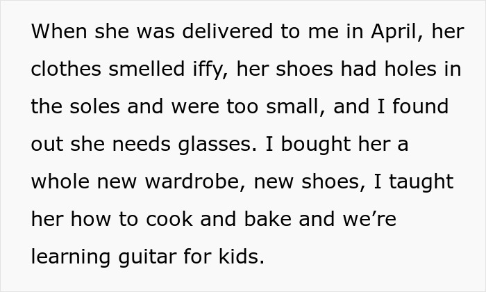 Text about caring for a child with new clothes, shoes, and lessons after a woman left her daughter for babysitting.
