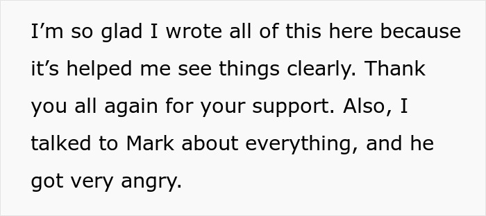 Text expressing gratitude for support and mentioning discussing issues with Mark, who reacted angrily.