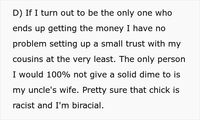 Text detail about a will, discussing money distribution and personal preferences, with a reference to family dynamics. Text detail about a will, discussing money distribution and personal preferences, with a reference to family dynamics.