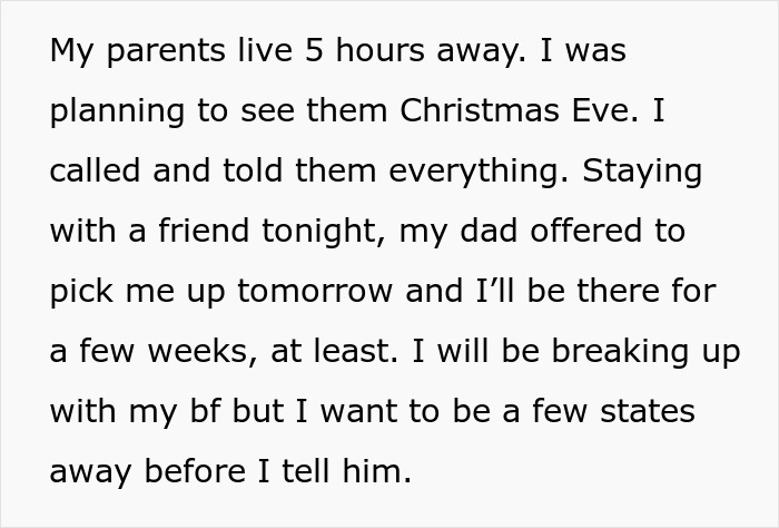 Text message about staying with a friend, planning to visit parents, and considering breaking up with boyfriend. Text message about staying with a friend, planning to visit parents, and considering breaking up with boyfriend.