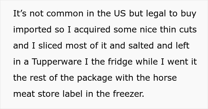 Text about legal horse meat acquisition and storage for roommate revenge.