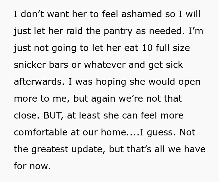 Text from a concerned mother about daughter's friend raiding pantry, suspecting issues at friend's home. Text from a concerned mother about daughter's friend raiding pantry, suspecting issues at friend's home.