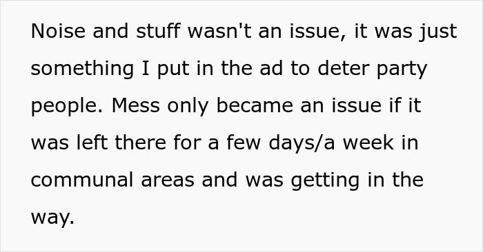Text about noise and mess not being issues, added to ad to deter partiers. Main keywords: roommates, landlord. Text about noise and mess not being issues, added to ad to deter partiers. Main keywords: roommates, landlord.
