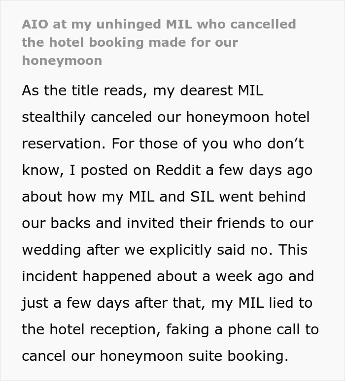 Text about MIL secretly canceling a couple's honeymoon hotel booking as a prank.