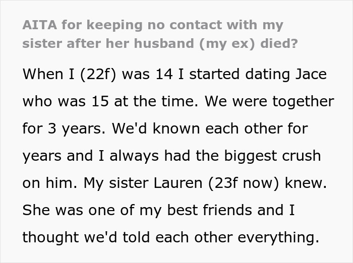 Sibling estrangement after ex-boyfriend&rsquo;s death; woman reflects on past conflicts and decisions.