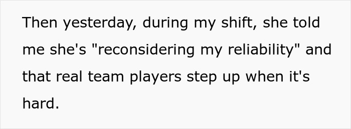 Text reads about boss questioning employee's reliability and stating true team players step up, implying lack of team support. Text reads about boss questioning employee's reliability and stating true team players step up, implying lack of team support.