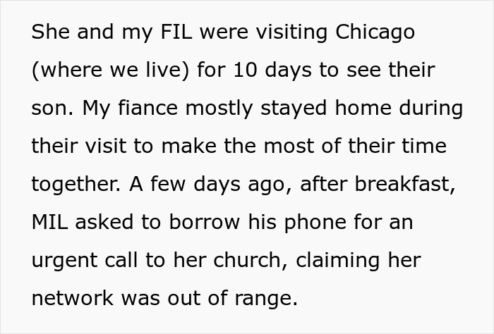 Text on image about a MIL visiting Chicago, borrowing son's phone for an urgent church call.