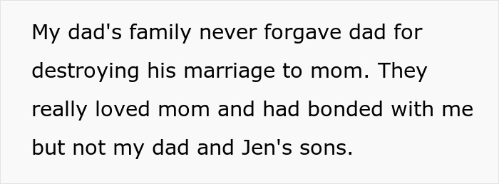 Text about family discord following an affair, highlighting stepmom's impact and resulting karma.