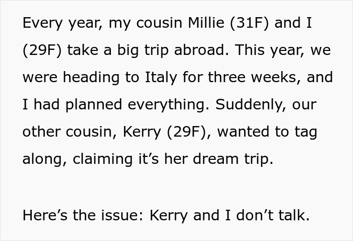 Text about cousins planning a trip to Italy; one cousin not invited to a wedding asks to join.