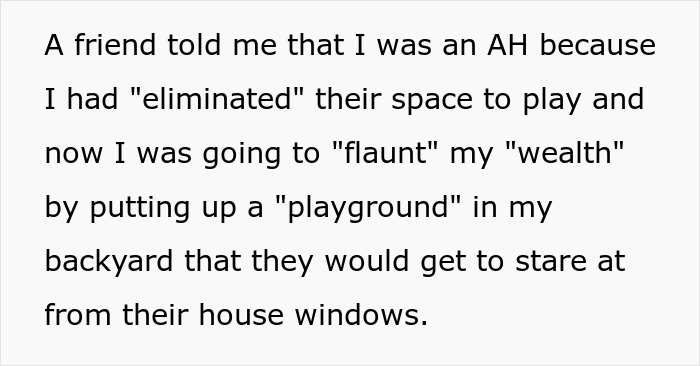 Text discussing a friend accusing a woman of flaunting wealth after buying a swing set for her kid.