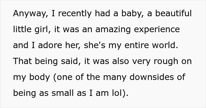 Text discussing a new mom's challenging experience after having a baby. Text discussing a new mom's challenging experience after having a baby.